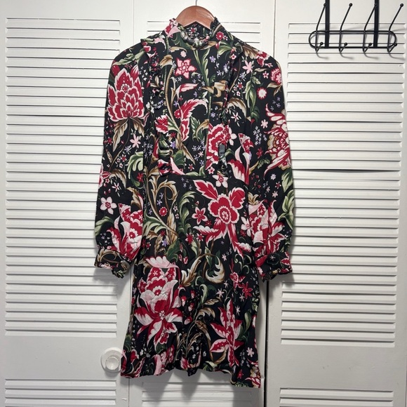 Zara Woman Black and Red Lace Floral Printed Long Sleeve Frill Dress Size X - Picture 1 of 7